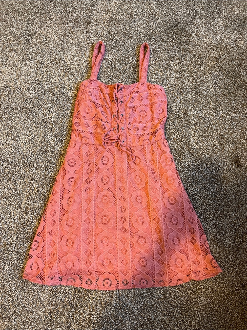Aeropostale Coral Lace Overlay Sundress with Lace-Up Front